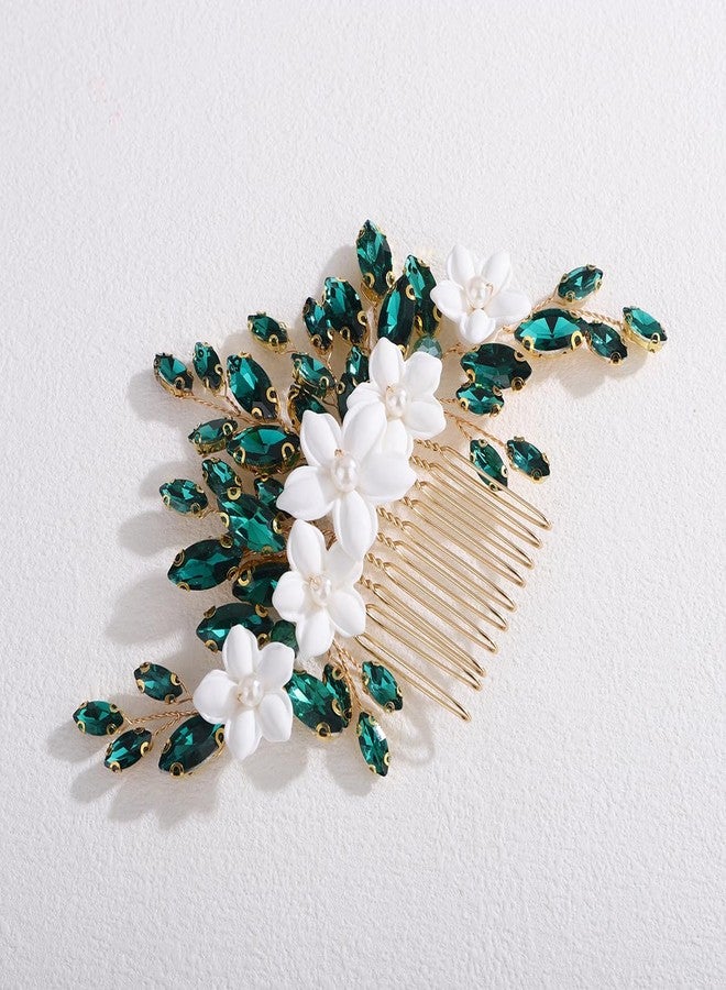 Xerling Bride Wedding Flower Green Rhinestones Hair Comb White Floral Side Comb Hair Piece Headpiece Bridal Head Jewelry Accessories for Women (Gold Green) - Image 2